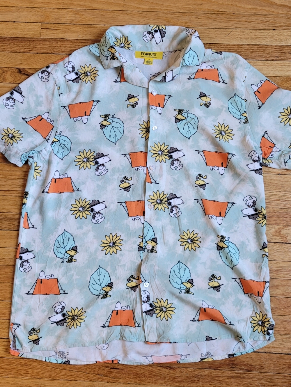 Peanuts Snoopy Woodstock Camping Short Sleeve Button Rayon Shirt Large Blue